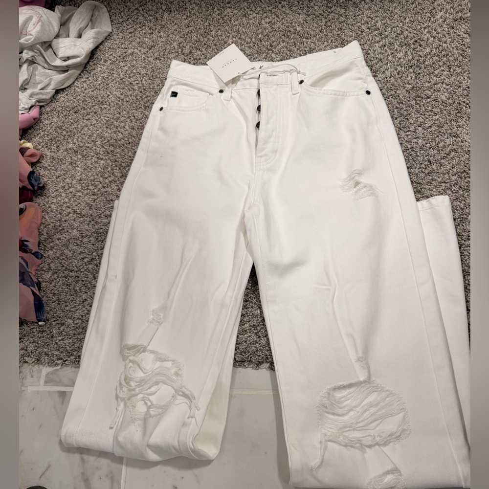 Kancan white button up high rise flare distressed jeans size 5/26 new